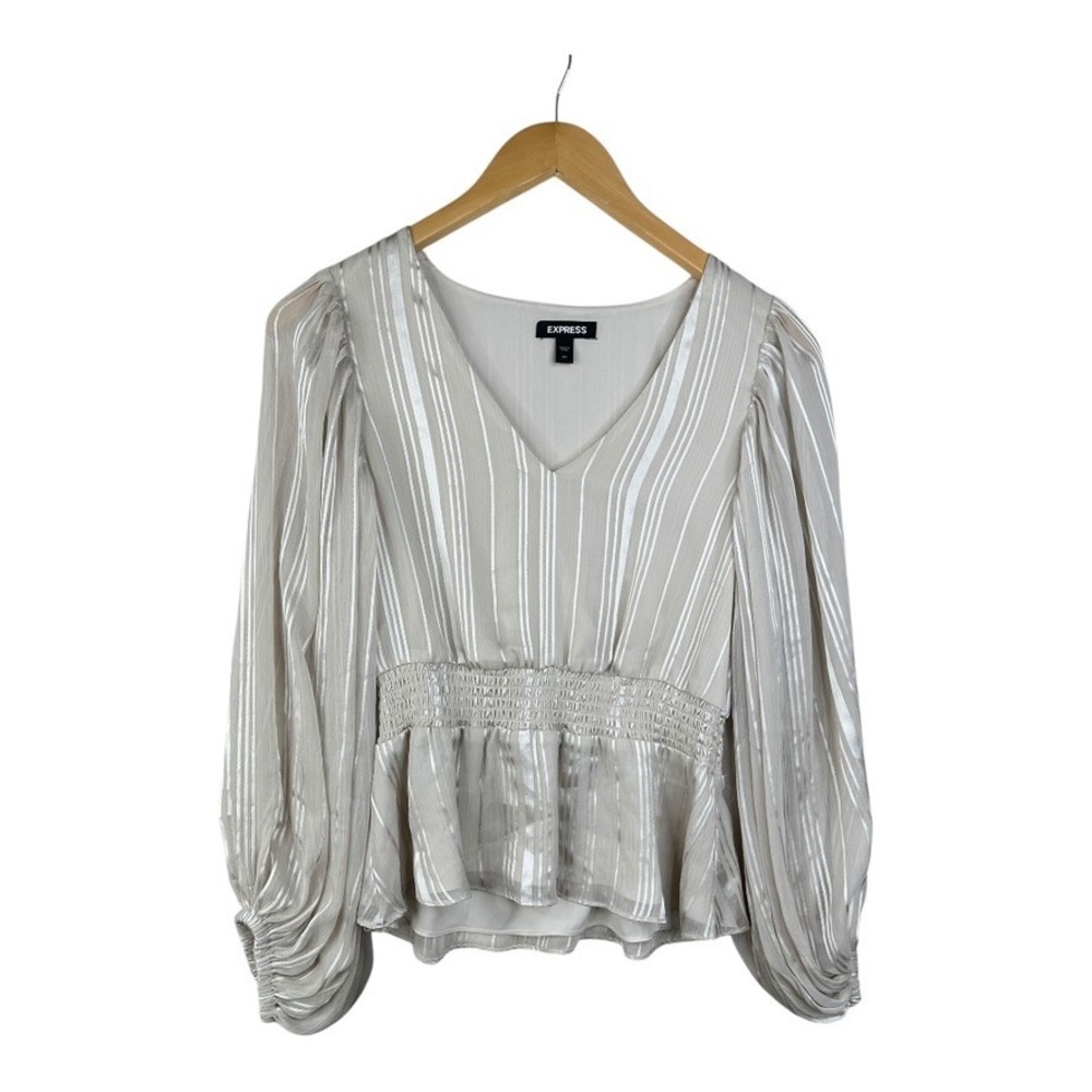 Express Women's Beige Striped V-Neck Blouse chiffon lined Peplum Size XS‎